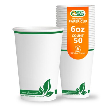 EcoEdge 6 Oz Disposable Heavy-Duty Party Paper Cups (Pack of 50) For Expresso Coffee and Tea, Eco-Friendly, Stackable, Compostable, Anti-Slip Grip, No Plastic, For Everyday Use. 100% Natural