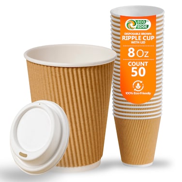 EcoEdge 8 Oz Disposable Heavy-Duty Ripple Corrugated Paper Cups (Pack of 50) Sustainable, Sturdy, Chemical and Plastic Free, Leakproof for Hot or Iced Beverages, Everyday Use. 100% Biodegradable