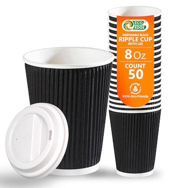 EcoEdge 8 Oz Disposable Triple Layered Black Party Paper Cups (Pack of 50) Recyclable, Chemical and Plastic Free, For Parties, Restaurants, Hotels, Offices, Cafes, Daily Use. 100% Sustainable
