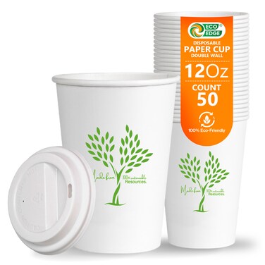 EcoEdge 12 Oz Disposable Heavy-Duty Triple Layered Paper Cups with Lid (Pack of 50)   Fancy, Sustainable, Biodegradable, Chemical Free   For Hot or Iced Beverages   All Occasions   100% Recyclable