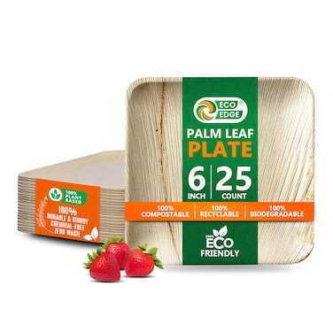 EcoEdge 6 Inch Square Areca Palm Leaf Plates (Pack of 25) Plant Based, Organic Biodegradable and Eco-Friendly Bamboo like Wood Finish Sturdy Disposable Plates for Multi use. 100% Sustainable