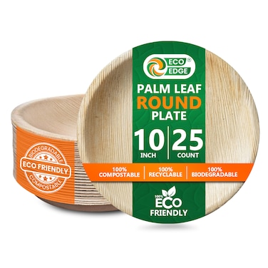 EcoEdge 10-Inch Round Areca Palm Leaf Plates (Pack of 25)  Recyclable, Sustainable, Biodegradable, Compostable   Green Disposable Alternative, BPA Free   Cut and Heat Resistant   100% Eco Friendly