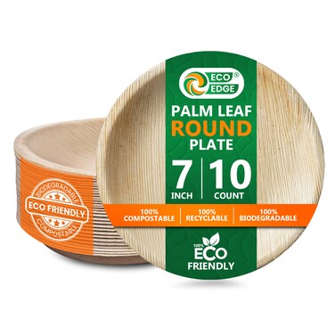 EcoEdge 7-Inch Round Areca Palm Leaf Plates (Pack of 10)  Environmentally safe, Chemical Free, Recyclable, Biodegradable, Disposable   Effortlessly Modern, Elegantly Sustainable   100% Plant Based