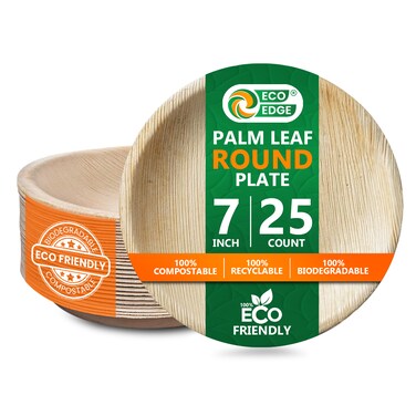 EcoEdge 7-Inch Round Areca Palm Leaf Plates (Pack of 25) Biodegradable, Naturally Sourced, Sustainable, Compostable &nbsp;Sturdy, Luxury, Robust, Versatile   Heat Resistant, BPA Free   100% Eco Friendly