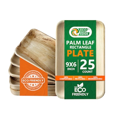 EcoEdge 9x6-Inch Rectangle Areca Palm Leaf Disposable Plates (Pack of 25) Plant Based, Eco-conscious, Environment friendly, Durable, Microwave Safe, For all Gatherings. 100% Biodegradable
