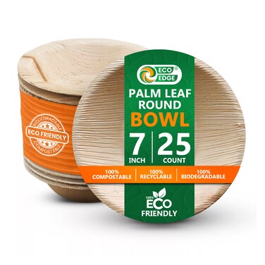 EcoEdge 7-Inch Round Areca Palm Leaf Bowl (Pack of 25)  Eco Conscious, Naturally Crafted, Biodegradable, Recyclable, Sustainably Sourced   Hot and Cold use, Plastic Free, Renewable   100% Compostable