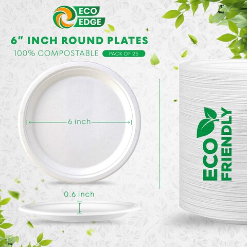 EcoEdge 6 Inch Round White Disposable Sugarcane Pulp Plates (Pack of 25) Natural Fiber Tableware, Sustainable, Biodegradable, Eco-Friendly, No Toxins, Durable, Heat Resistant. 100% Organic