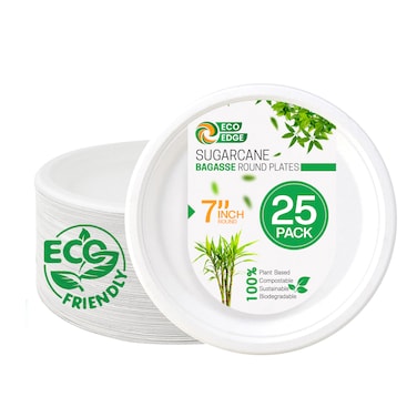 EcoEdge 7 Inch Round White Disposable Sugarcane Pulp Plates (Pack of 25) Modern, Sustainable, Biodegradable, Eco-Friendly, Toxin-Free, Durable, Smooth-Texture, Heat Resistant. 100% Organic