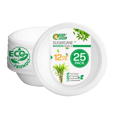 EcoEdge 12 Oz Round White Disposable Sugarcane Bowls (Pack of 25) Natural, Compostable, Recyclable, Bagasse Paper Bowls, Heavy Duty and Durable, Ideal for Takeout and Catering. 100% Eco-Friendly