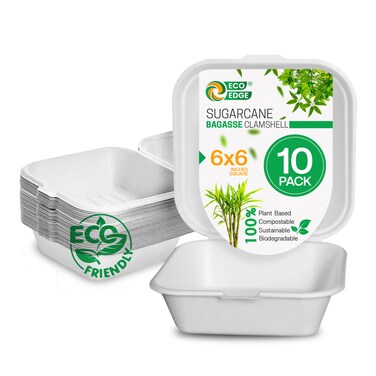 EcoEdge 6 Inch Square White Clamshell (Pack of 10) Disposable Take Out Food Containers Made from Sugarcane Pulp, Microwave and Freezer Friendly, Natural, BPA Free. 100% Compostable