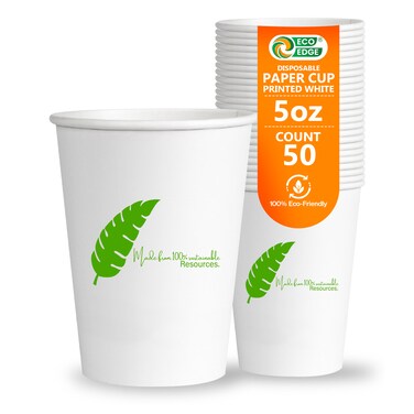 EcoEdge 5 Oz Disposable Heavy-Duty Party Paper Cups (Pack of 50) For Hot and Iced Beverages, Elegant, Stackable, Sustainable, Recyclable, Durable, Chemical and Plastic Free. 100% Eco-Friendly