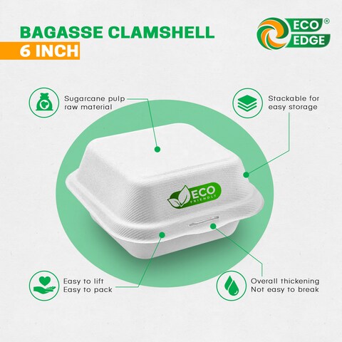 EcoEdge 6 Inch Square White Clamshell (Pack of 50) Disposable Take Out Food Containers Made from Sugarcane Pulp, Plant Based, Natural, Chemical Free For Everyday Use. 100% Biodegradable