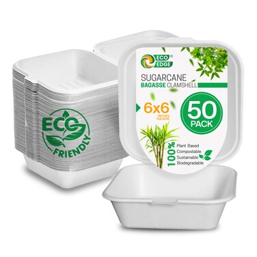 EcoEdge 6 Inch Square White Clamshell (Pack of 50) Disposable Take Out Food Containers Made from Sugarcane Pulp, Plant Based, Natural, Chemical Free For Everyday Use. 100% Biodegradable