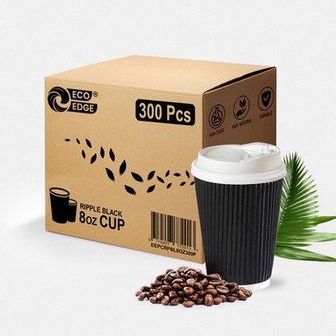 EcoEdge 8 Oz Disposable Ripple Multi Layered Insulated Paper Cups with Lid (Pack of 300)   For Juice, Tea   Recyclable, Elegant, Fancy, Food Grade   Caf&eacute;s, Take Away and Delivery   100% Eco Friendly