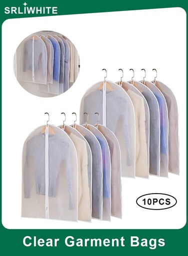 10 Pack Translucent Garment Bags for Hanging Clothes, Frosted PEVA Suit or Dress Covers with Full Zipper, Breathable Closet and Travel Storage (60*100cm)