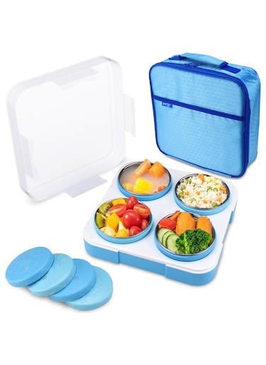 Stainless Steel Lunch Box for Kids Adults,Insulated Bento Lunch Box with Tableware &amp; Bag,880ML 4 Compartment Divided Lunch Containers with Lids,Leakproof   BPA Free   Dishwasher Safe（880ML,Blue）