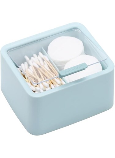 Large Qtips Holder - 2 Grids Cotton Swabs Dispenser Bathroom Organizer Cotton Balls, Cotton Pads Storage Canisters, Hinged Lids, Blue