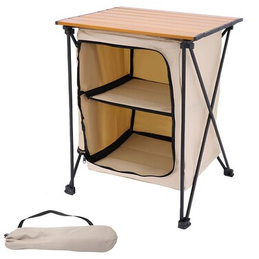 طاولة قابلة للطي محمولة مع خزانة تخزين، خفيفة الوزن، ذات رفّين