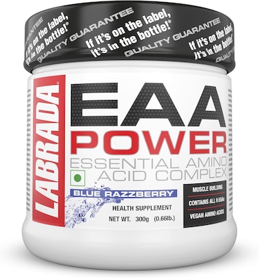 مركب الأحماض الأمينية الأساسية Labrada EAA Power (6.57 غرام من الأحماض الأمينية الأساسية، لبناء العضلات، نباتي، عبوة من 40 حصة) - 0.88 رطل (400 غرام من المسحوق) (توت أزرق)