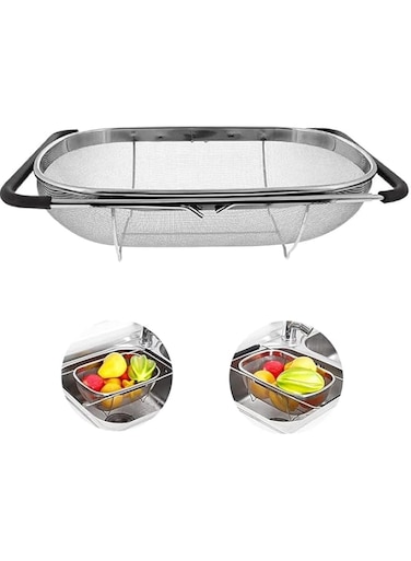 Joyzzz Stainless Steel Sink Drain Strainer Basket, Large Kitchen Gadgets Tools, Stainless Steel Sink Drainer Basket with Rubber Grip, Fine Mesh, Retractable Sink Basket for Kitchen Bathroom