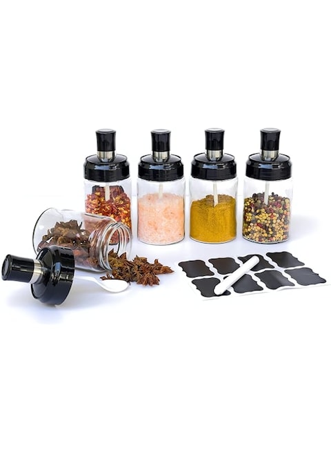 Hiraya Premium Set of 4 Glass Spice Jars with Spoon Cover   Spice Organizer and Condiment Pots   Includes 8 Waterproof Labels and Marker   Airtight Cap   250ml (8.45oz)