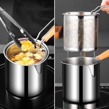 
Deep Fryer Pot with Basket 2Pcs 1.2L Handled Stainless Steel Chips Fryer  Frying Pots for French Fries Fish Chicken Wing, Fry Pot,