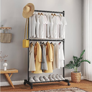 Double Rod Clothing Garment Rack, Rolling Clothes Organizer on Wheels for Hanging Clothes, Black