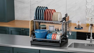 Dish Drying Rack, 2 Tier Dish Racks for Kitchen Counter, Compact Drying Rack Kitchen, Rust-Resistant Dish Drainer, Space-Saving Dish Rack with cutting board holder, Utensil Holder, Black