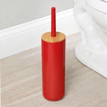 Plastic Toilet Bowl Brush/Bamboo Lid Cover - 2 Piece Set; Bathroom Storage Organizer Holder; Decor Bathroom Accessories - Red