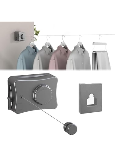 GraGra Retractable Clothesline, Retractable Washing Line Indoor, 5.1 m Washing Line with Steel Core, Wall-Mounted Indoor Clothes Line for Hanging Dry and Wet Clothes Travel Camping Grey (Grey-Long)