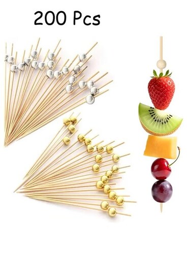 200 Pcs Bamboo Skewers, Disposable Eco-Friendly Picks for Fruit Platters, Beverage Decoration, Weddings, Banquets, and Parties