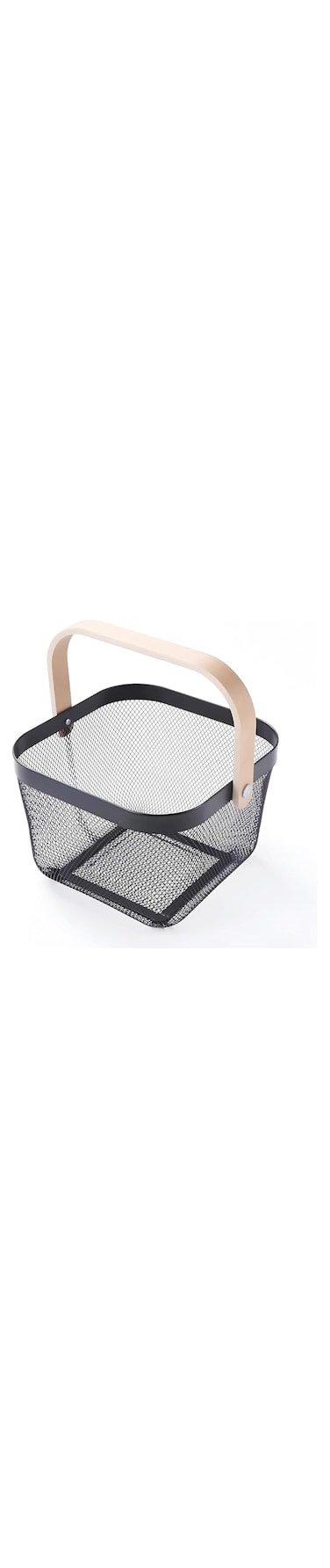 Yanek Metal Mesh Storage Basket with Wooden Handle - The Perfect Blend of Style and Durability for Organizing Your Home, Office, and More (Black)