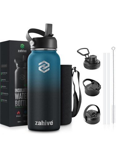 Zahive Stainless Steel Water Bottle 1l with 3 Lids &amp; Bag - Insulated Water Bottle with Straw - 1000ml Double Wall Thermos Flask for Travel Hot &amp; Cold Drinks, Sports, Gym, Leak Proof (32oz, Blue Black)