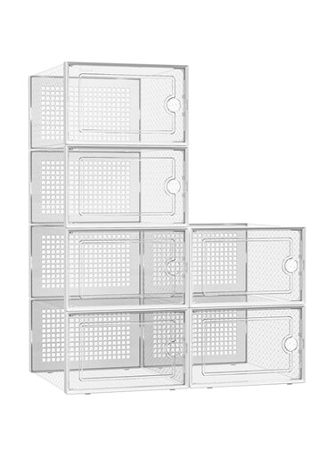 Kuject X-Large Shoe Storage Boxes Organizers for Closet 6 Pack, Fit Size 11,Clear Plastic Stackable Sneaker Containers for Entryway, Space Saving Shoe Rack Holder, White