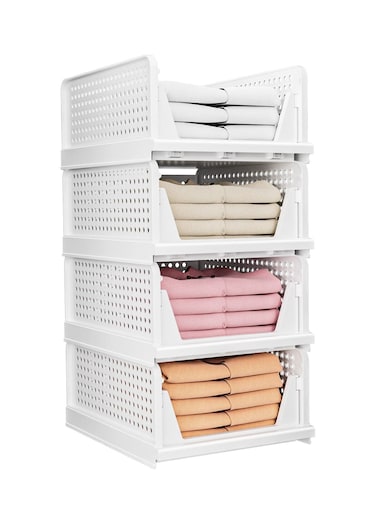 4 Pack Folding Closet Organizers Storage Box, Stackable Plastic Drawer Basket for Clothing(White)