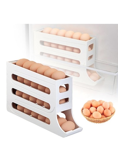 Refrigerator Egg Storage Box, 4 Tier Rolling Egg Holder Dispenser, Kitchen Automatic Scrolling Egg Organizer, Kitchen Large Capacity Dedicated Rolling Egg Storage Rack, White