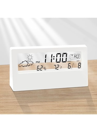 HBSTUDIO Digital Alarm Clock,Transparent Modern Design, Temperature, Humidity, Snooze, Aesthetic Home &amp; Office Decor, Battery Operated Desk Clock for Office, Living Room, Shelf, Bedroom, White