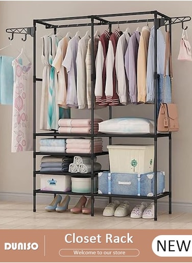 Double Row Clothes Rack Garment Rack,Heavy Duty Clothes Rack for Hanging Clothes,Mutifunctional Floor Cabinet With 4 Hooks,Freestanding Closet Metal Wardrobe Closet for Bedroom