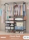 Double Row Clothes Rack Garment Rack,Heavy Duty Clothes Rack for Hanging Clothes,Mutifunctional Floor Cabinet With 4 Hooks,Freestanding Closet Metal Wardrobe Closet for Bedroom