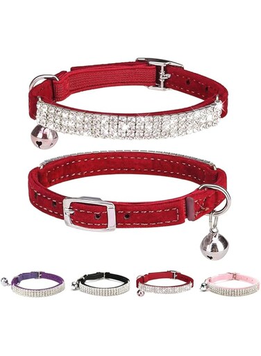 BINGPET Diamond Cat Collar,Adjustable Soft Velvet Leather Safe Kitten Collar with Shiny Rhinestones and Bells,Girl Boy Bling Stylish Cat Collars with Safety Elastic for Small Medium Cats,Red