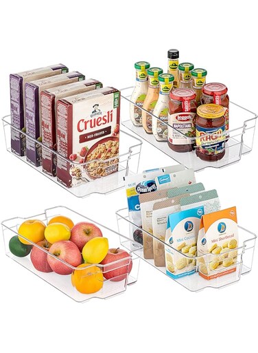 Vtopmart Refrigerator Organizer Bins, Vtopmart 4 Pack Large Clear Plastic Food Storage Bin with Handle for Freezer, Cabinet, Fridge, Kitchen Pantry Organization and Storage, BPA Free, 14.5" Long