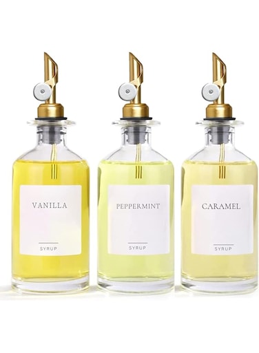 Ezebesta Set of 3 Coffee Syrup Glass Dispenser Bottles 16.23oz Pump Bottles with 10 Labels for Coffee Bar Organization