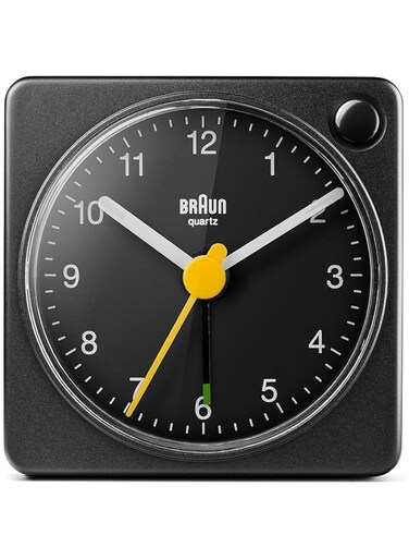Braun Classic Travel Analogue Clock with Snooze and Light, Compact Size, Quiet Quartz Movement, Crescendo Beep Alarm in Black, Model BC02XB, One