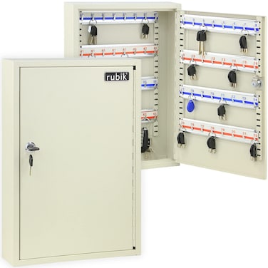 Rubik 64-Keys Metal Storage Cabinet Safe Box with Key Lock, Wall Mounted Key Storage Cabinet Organizer for Hotels Realestate Warehouse Schools Universities Business (Off White)