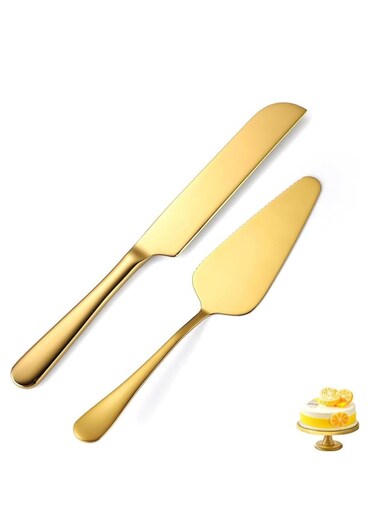 Golden Stainless Steel Cake Cutting Set, Elegant Knife and Server Set, for Weddings and Events