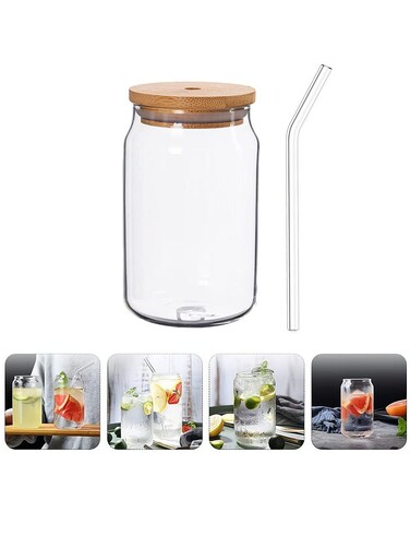 Lid Glass Drinking Cups 500ml Transparent Set with Straw Perfect for Water Juice Cocktail Parties