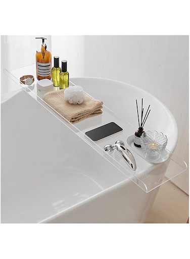 XINGLL Acrylic Bathtub Caddy Tray, Rectangular Clear Acrylic Serving Tray, Modern Minimalist Organizer for Bedside Bathroom, Cosmetics Jewelry Toiletries Storage Countertop