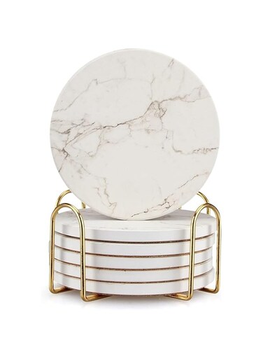 ABIN 6 Pcs White Marble Coaster Set with Holder Best Absorbent Coasters Drink Coasters Ceramic Bar Coasters Cute Table Coasters Gift Cup Stone Coasters Modern Coasters for Beverage Coasters (Round)