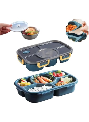 Lunch Box for Adults,1400ml Bento Lunch Box for Kids, School, Office Lunch Box Container with 5 Grid Compartments SS 304 Bowl and Spoon Leak Proof, Dishwasher, Freezer Microwave Safe, BPA Free (Blue)