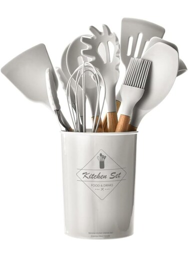 Care 12 Pieces Silicone Cooking Utensils Set, Nonstick Cookware Set with Storage Bucket, Heat Resistant Kitchen Untensils Set with Premium Wood Handles White